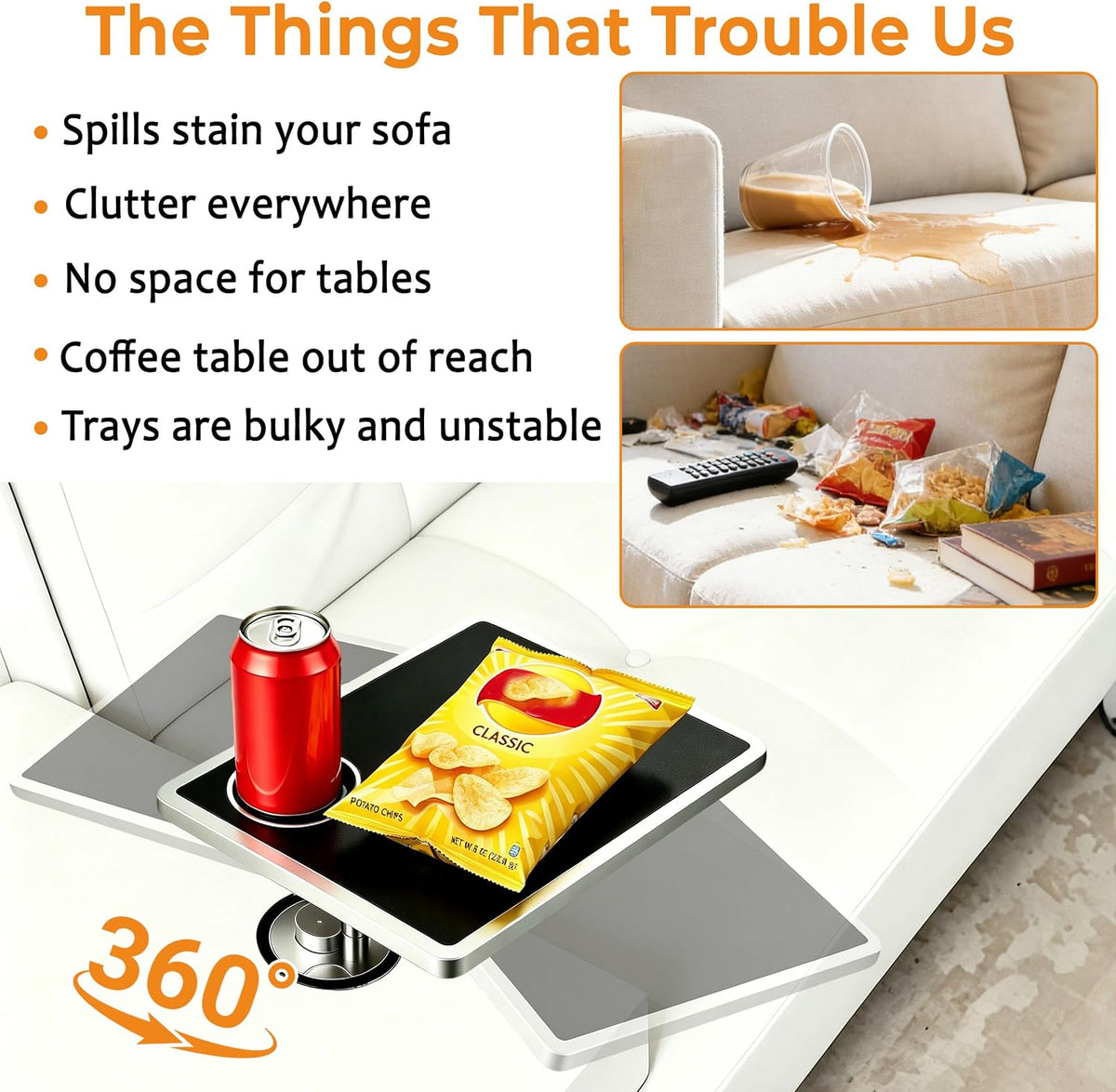 Sofa Arm Tray Table with 3-in-1 Cup Holder Phone Stand 360° Rotating - Image 2