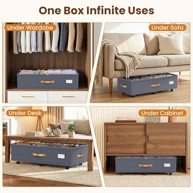 Budding Joy 80L 2 Pack Adjustable Under Bed Storage Containers with Wheels | Rolling shoe storage organizer with clear lids and label for dorm home clothes, blankets, toys, easy to install, grey - Image 7