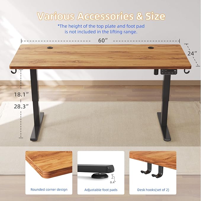 YIHAYO Low Height Adjustable Desk, Lifts 18.1-28.3 Inches, Electric Standing Desk for Short People, 60 x 24 Inches Computer Table with Splice Board for Home Office, Rustic Brown - Image 3