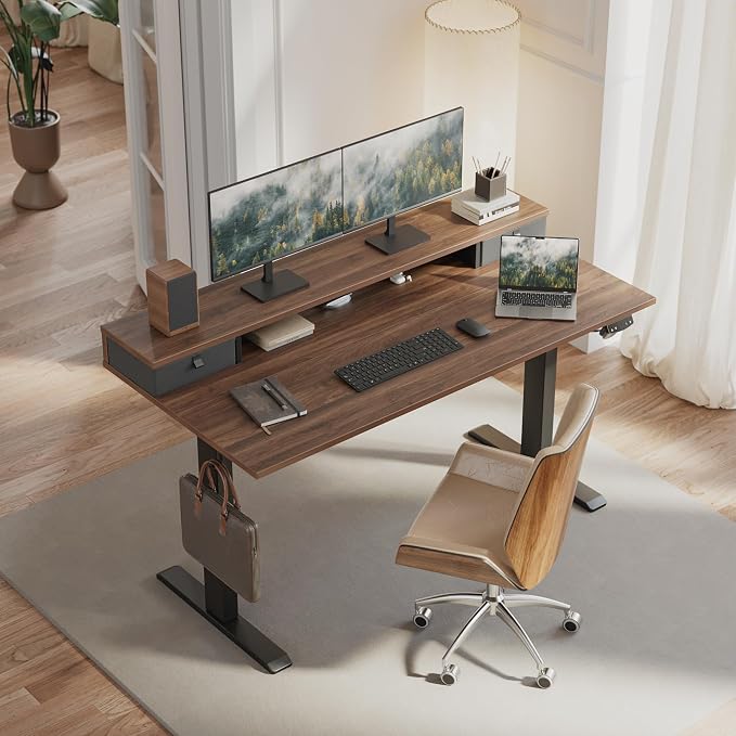 Klicelor 48 x23 Inch Electric Standing Desk with Drawers, Adjustable Height Small Sit Stand Desk for Home Office, Compact Computer Workstation with Storage– Dark Walnut - Image 2