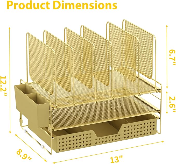LEKETREE Gold Desk Organizer, Office Organization with Vertical File Holder, File Organizer with Drawer and Pen Holder, Desk Accessories and Workspace Organizers for Home Office (Gold) - Image 7