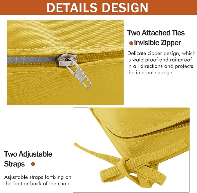 Outdoor Chair Cushions Set of 4, 19 x 19 x 3 Inch Seat Pads | Waterproof Patio Chair Cushions with Tie, Fade Resistant Cushions for Outdoor Furniture Garden Lawn, Yellow - Image 5