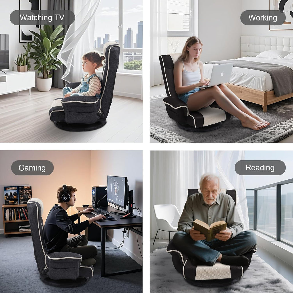 Swivel Floor Chair for Adults, 14-Position Adjustable Floor Gaming Chair with Back Support & Armrests, Foldable Lazy Sofa Lounge, Breathable Mesh for Gaming Reading Meditation (Black/Beige) - Image 7