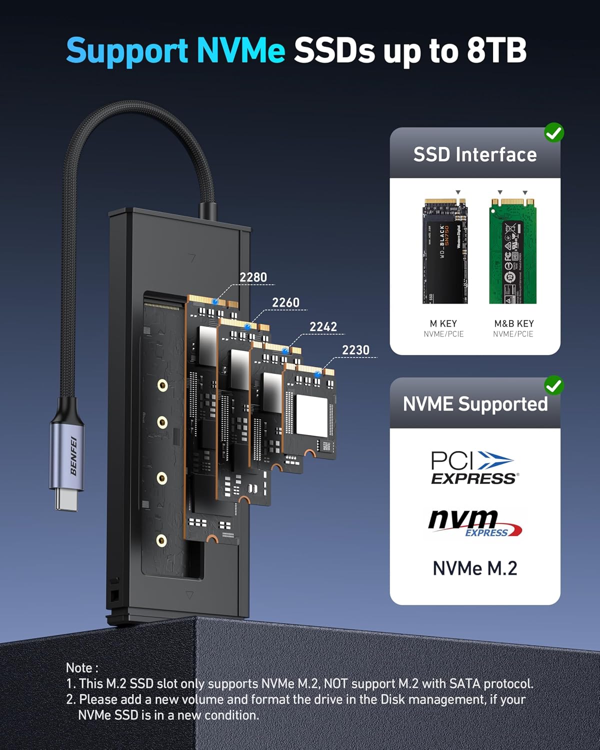 BENFEI 6-in-1 USB C Hub with M.2 NVMe SSD Enclosure, 10Gbps USB 3.2 Ports (2×USB-A + 1×USB-C), 100W PD, 4K@60HZ HDMI–Compatible with MacBook Pro/Air, iPad Pro, Dell XPS, Surface Pro - Image 5