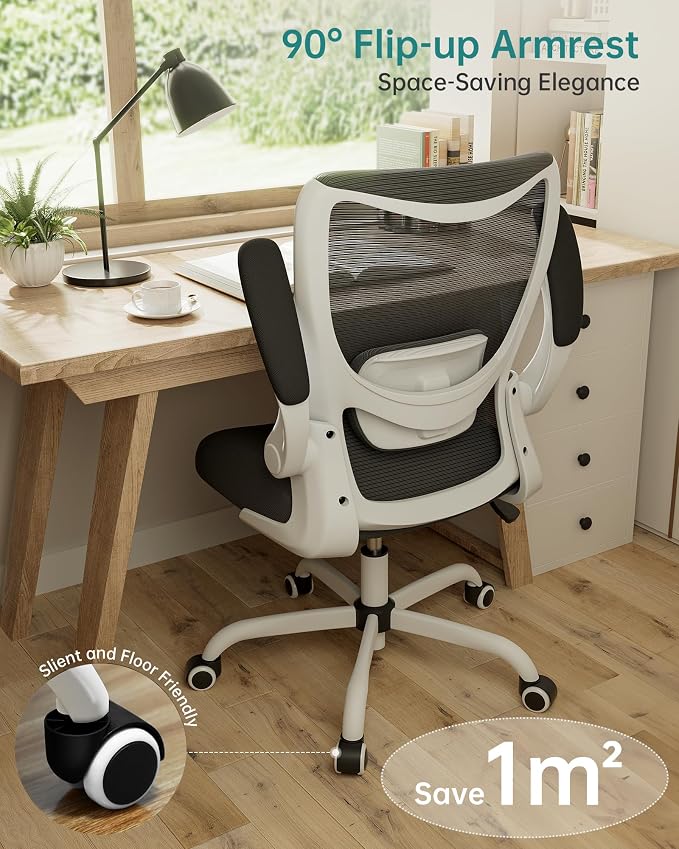 Office Chair, Ergonomic Desk Chair with Adjustable Lumbar Support and Flip up Armrest, Breathable Mesh Computer Chair for Home Office, White - Image 3