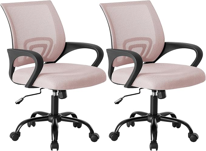 DUMOS Home Office Chair - Ergonomic Mid Back Mesh Desk Chair with Lumbar Support & Rocking Mode, Height Adjustable with Fixed Armrest, for Computer, Gaming, Meeting, Pink, 2 Pack by DumosLifestyle
