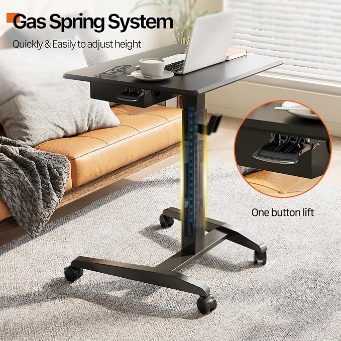 JOY worker Rolling Laptop Desk with Drawer, 28" Black Mobile Standing Desk | Pneumatic Height Adjustable, Open Storage Shelf, 4 Rolling Wheels, Portable Sit Stand Desk, Home Office School, Holds 22lbs - Image 7