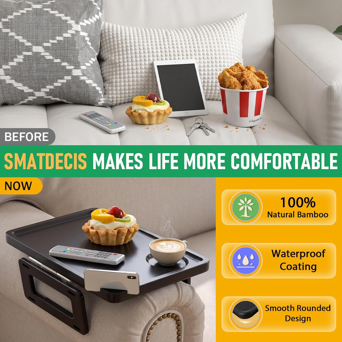 Couch Arm Tray Table Sofa Arm Clip Table, Armrest Tray Table Suitable for Home Drinks/Fast Food/Fruit Etc, Large Size Multi-Function Black - Image 4