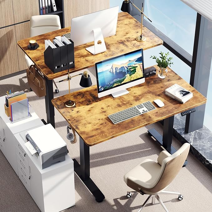 Veken 47.2 Inch Large Electric Standing Desk, Gaming Table, Brown | Height Adjustable Sit Stand Up Computer Tables for Home Office, Study , Writing, Suit students, employees and group work - Image 2