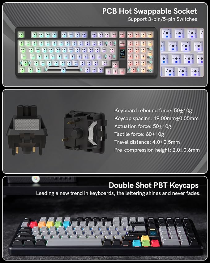 Keymatic Mechanical Keyboard Wireless,98% Pink Creamy Keyboard Gaming Keyboard,3 Mode with Multimedia Screen,RGB Backlit,Black - Image 8