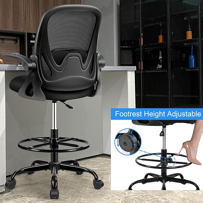 Drafting Chair Tall Office Chair with Flip-up Armrests, Adjustable Height, and Enhanced Lumbar Support - Ergonomic Rolling Stool, Back Support, and Adjustable Foot Rest Ring for Standing Desk Black - Image 4