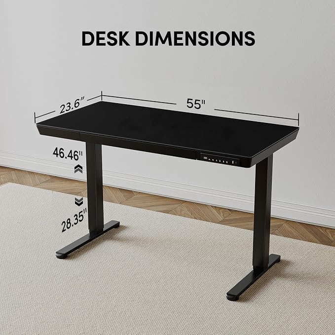 BANTI Electric Standing Desk with Drawers, 55 inch Whole-Piece Glass Desktop, Height Adjustable Stand up Sit Stand Home Office Ergonomic Workstation, Black Tabletop - Image 3