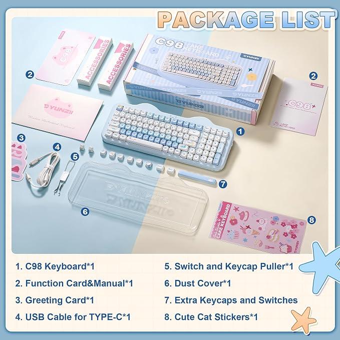YUNZII C98 Cute Cake Wireless Mechanical Keyboard(Blue, Milk Switch) | 99 Keys with Number Pad, Hot Swap, PBT MOA Keycaps, BT5.0/2.4G/USB-C, Gasket Mount, Custom RGB Backlit for Win/Mac - Image 9
