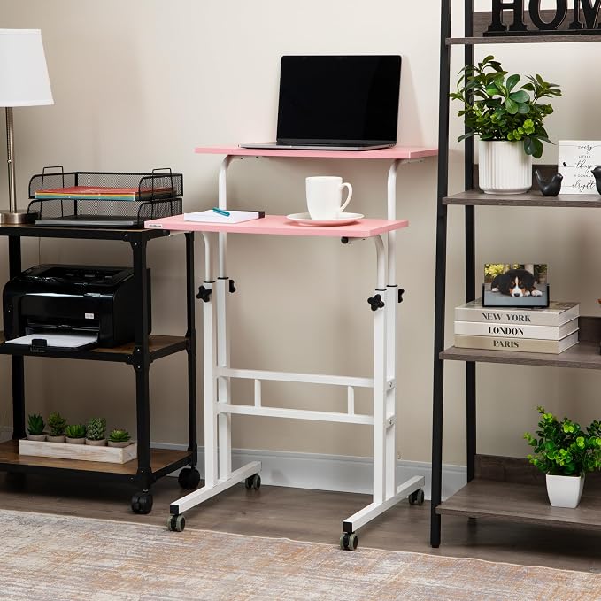 Mind Reader Standing Desk, Adjustable Height Laptop Workstation, Portable Rolling Desk on Wheels, Two-Tier Metal Frame, Pink - Image 6