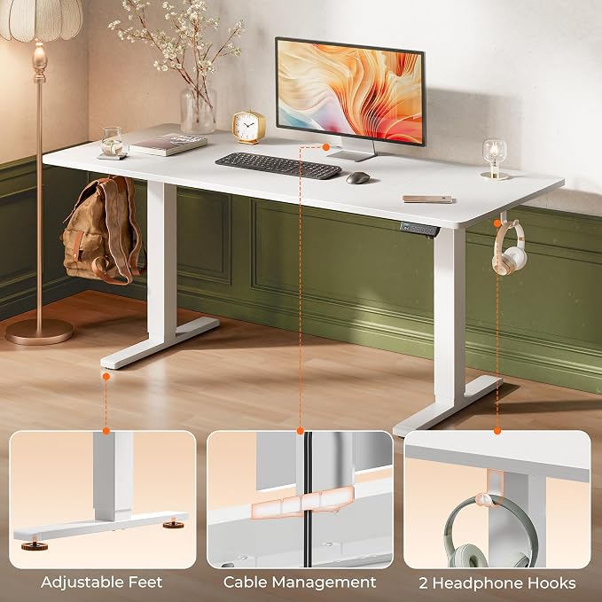 Huuger 63 x 28 Large Electric Standing Desk, Height Adjustable Computer Desk, 27.6" Deep Desktop, Stand up Gaming Office Table with 2 Hooks, 3 Preset Heights, for Home Office, White - Image 7