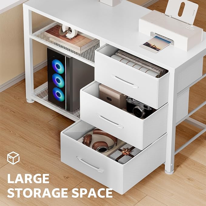 47 Inch L Shaped Desk with 3 Drawers Electric Standing Desks White | with Storage Computer Table Adjustable Height with Power Outlets 4 Memory Presets for Home Office, White - Image 4