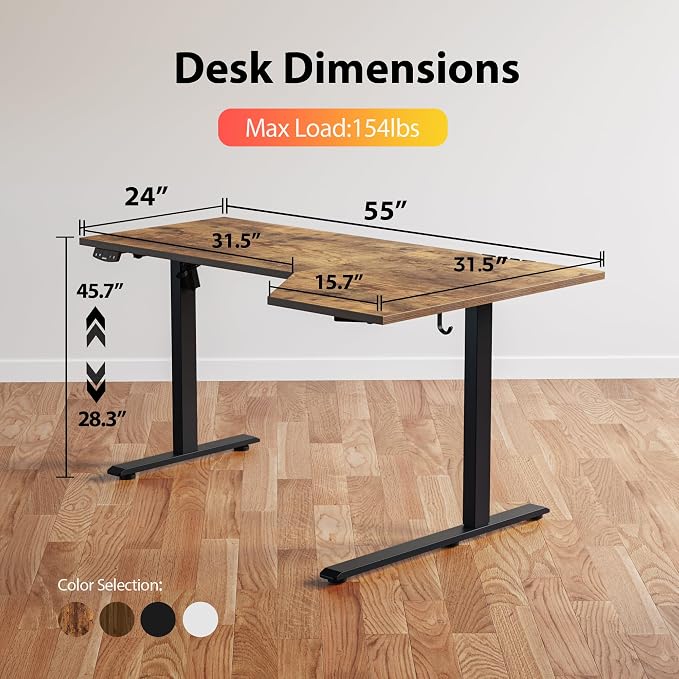 Agilestic 55 x 32 Inch Corner L Shaped Electric Standing Desk, Rustic Brown | Electric Height Adjustable, L-shape Workspace, Sturdy Steel Frame, Memory Preset, Hooks, 154 lbs, Easy Assembly, Splice Board - Image 3