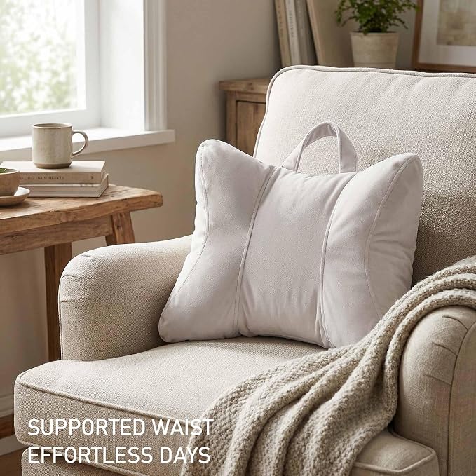 Lumbar Support Pillow for Office Chair and Car Seat, Misty White | Ergonomic back support cushion with a removable, washable corduroy cover for desk chairs, sofas, recliners and driving - Image 2