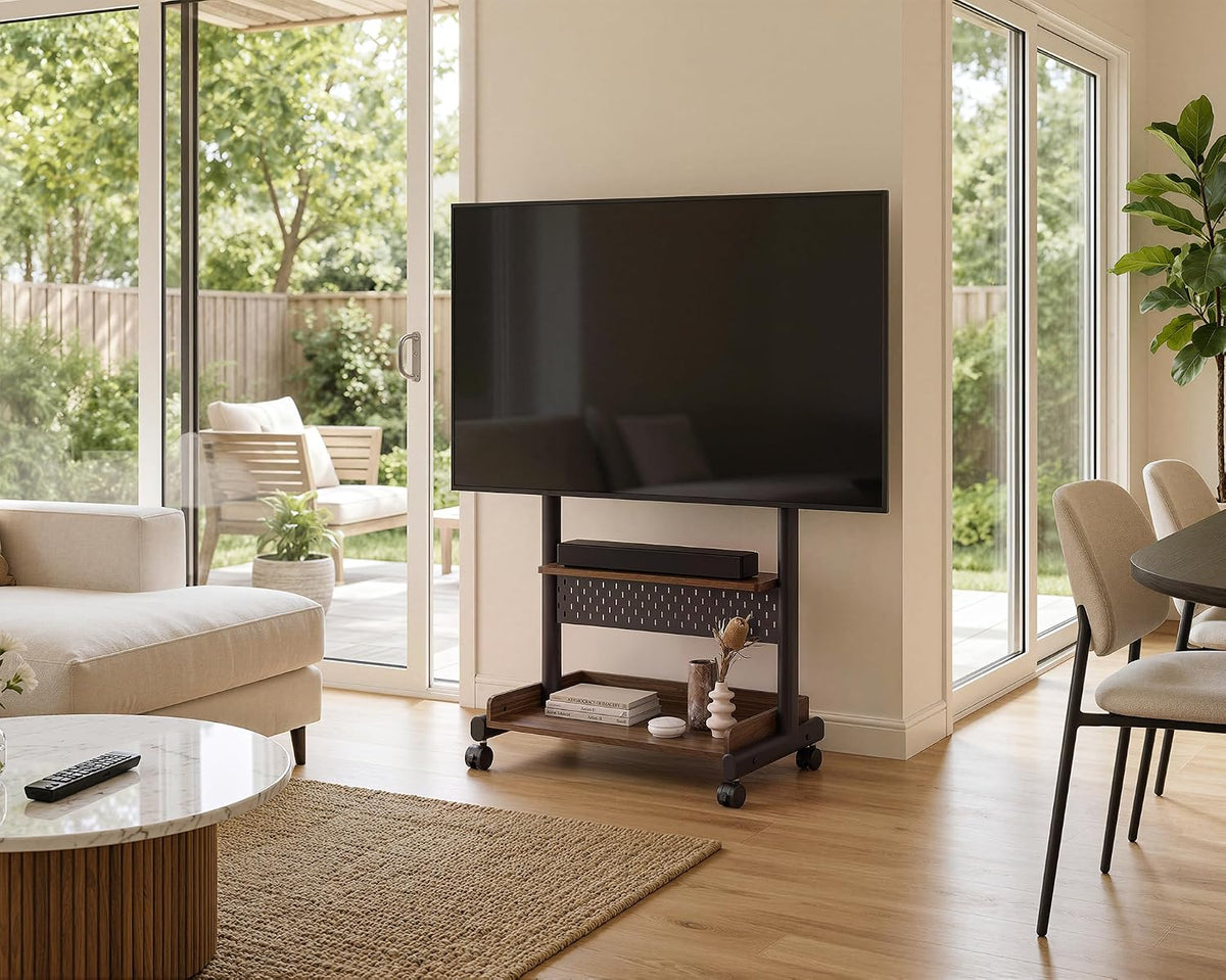 FITUEYES Rolling TV Stand Mount for 40 to 85 TVs with Wooden Shelf, Walnut - Image 7