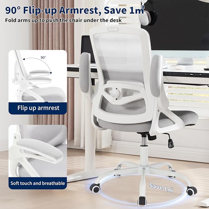 Ergonomic Office Chair Desk Chair with Adjustable Lumbar Support | Mesh Computer Chair Home Office Desk Chair with Flip-up Armrests Executive Task Chair Comfy Mesh Gaming Chair(Gray) - Image 7