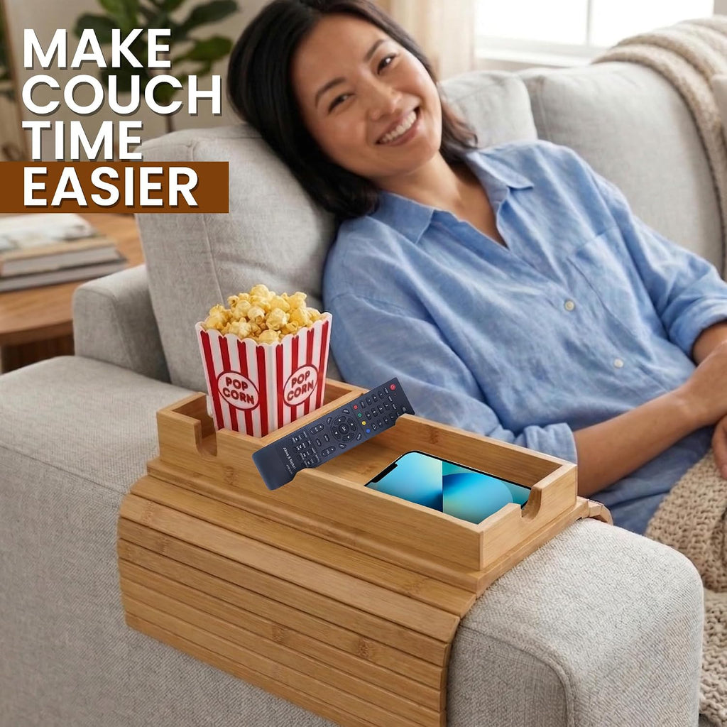 Couch Arm Tray with Cup Holder 3-in-1 Bamboo Sofa Armrest Table - Image 6