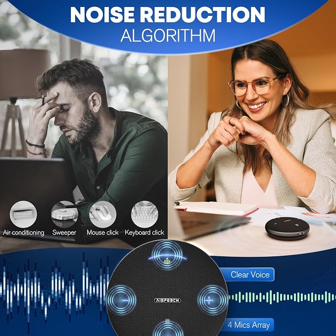 Conference Room Microphone and Speaker for Interviews and Teaching, Black | AI noise reduction, 120° directional pickup, 360° voice pickup, 4-mic array, 16 ft range, Bluetooth, NFC, USB, solo/group use - Image 4