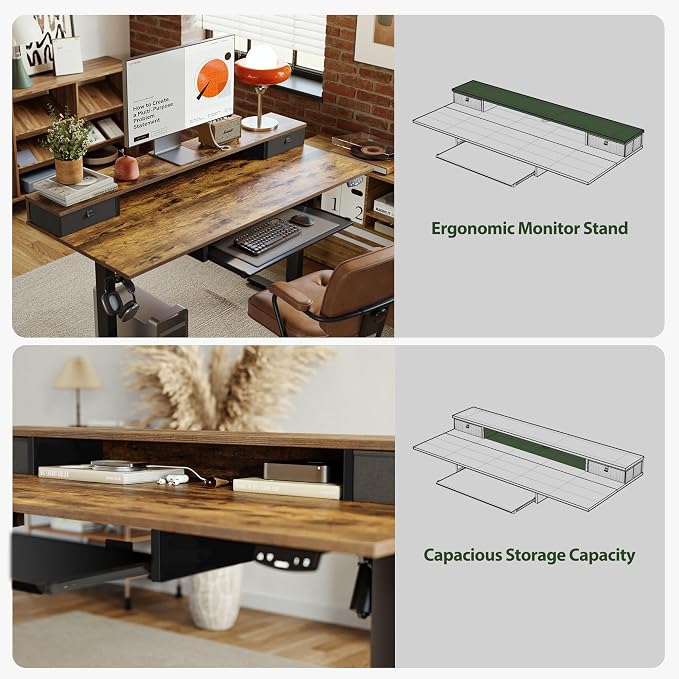 Agilestic 48 Inch Standing Desk with Drawers & Keyboard Tray, Rustic Brown | Electric Height Adjustable, 2 Storage Drawer, Monitor Stand, Sturdy Steel Frame, Memory Presets, Hooks, 154 lbs, Splice Board - Image 5