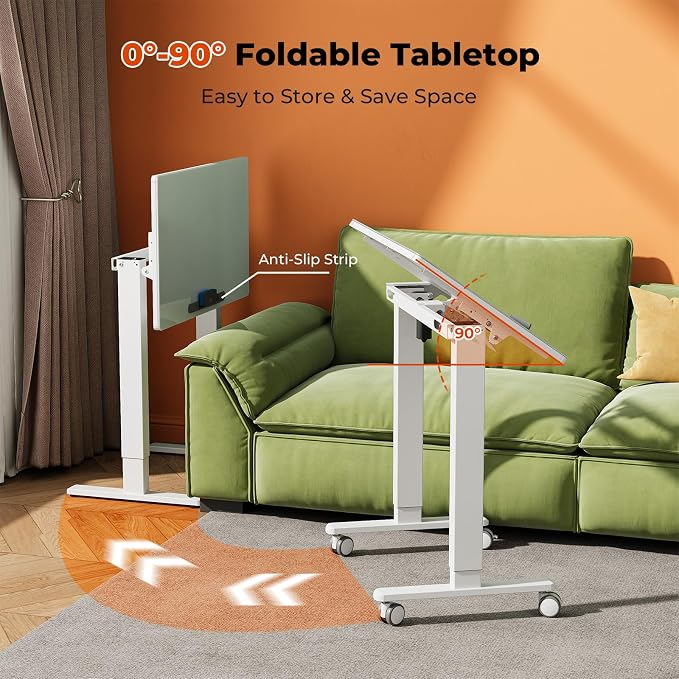 32" Glass Standing Desk,90°Tilt Whiteboard Electric Drafting Table | White Foldable One-piece Electric Height Adjustable Drawing Table with 4 Lockable Wheels, Small Portable Rising Workstation - Image 6