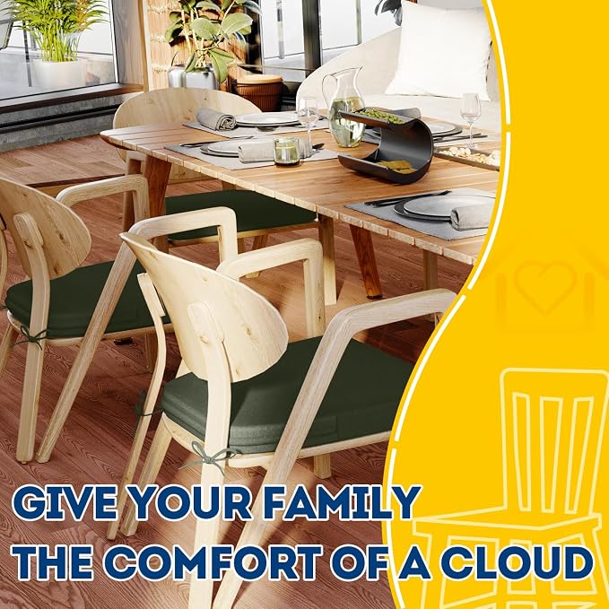 AAAAAcessories D-Shaped Chair Cushions, 2" Thick Dining Chair Pads with Ties and Removable, Machine-Washable Cover, 17" x 16", Set of 6, Dark Olive Green - Image 6