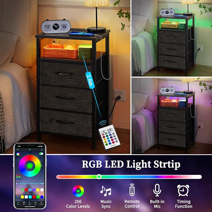 Yoobure Night Stand with Charging Station, 3 Fabric Drawers Nightstand, Bedside Tables with Storage Shelf, End Table with 16 Colors LED, Small Dresser for Small Space, Gray | 16 Colors Bedside Table with 3 Fabric Drawers & Storage Shelf, End Table with... - Image 4