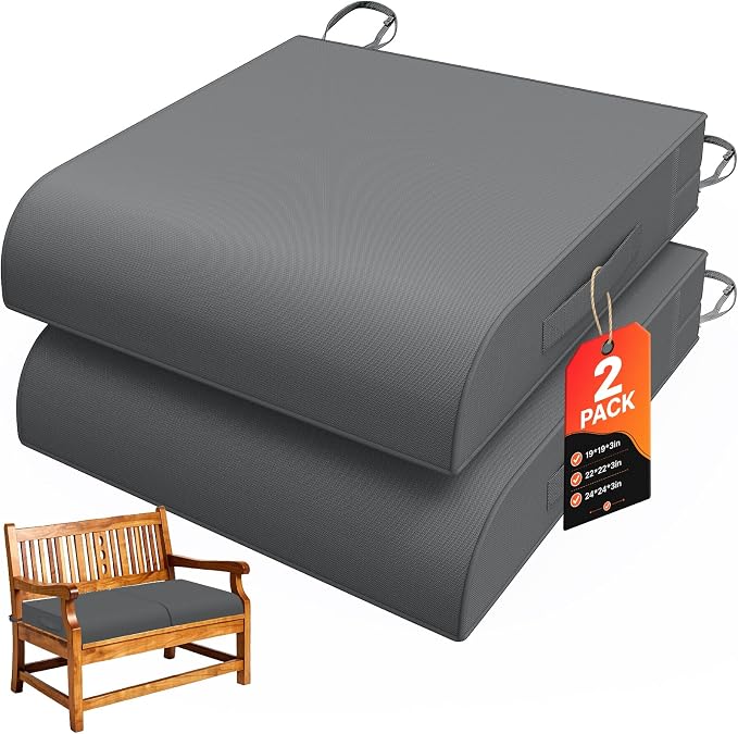 TasticTotes 24 x 24 x 4 Inch Outdoor Patio Chair Cushions Set of 2, Grey | Waterproof Outdoor Seat Cushions with Adjustable Straps & Handles, Fade-Resistant dinning Pads for Outdoor Furniture, Garden by Unknown