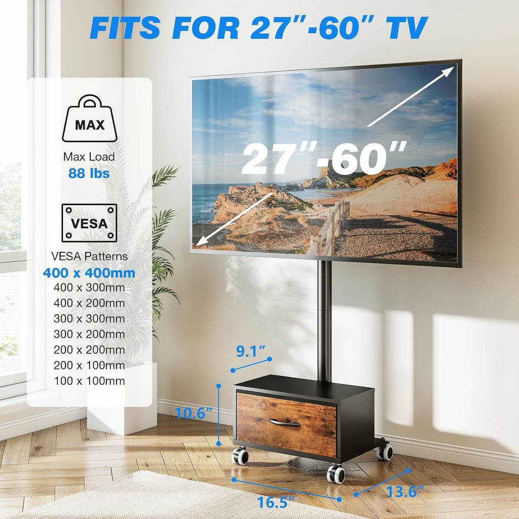 Rfiver Mobile TV Cart with Wooden Drawer for 27-60 Inch TVs (Brown) - Image 2