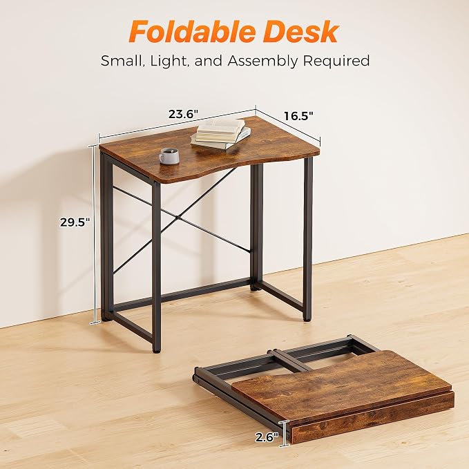 Huuger Folding Desk for Small Spaces, 23.6 Inch Foldable Computer Table | Easy Assembly, Small Writing Work Office Computer Desk, for Home Office, Study, Bedroom, Dorm, Space Saving, Rustic Brown - Image 2
