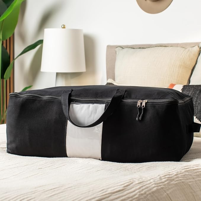 Soft Canvas Storage Bags with Zipper. Thick Breathable, 1pc King/Queen Comforter Organizer. Four Carrying Handles and Window. Large 25x19x9in Bag for Sheets Blankets Bedding Pillows, Clothes (Black) - Image 2