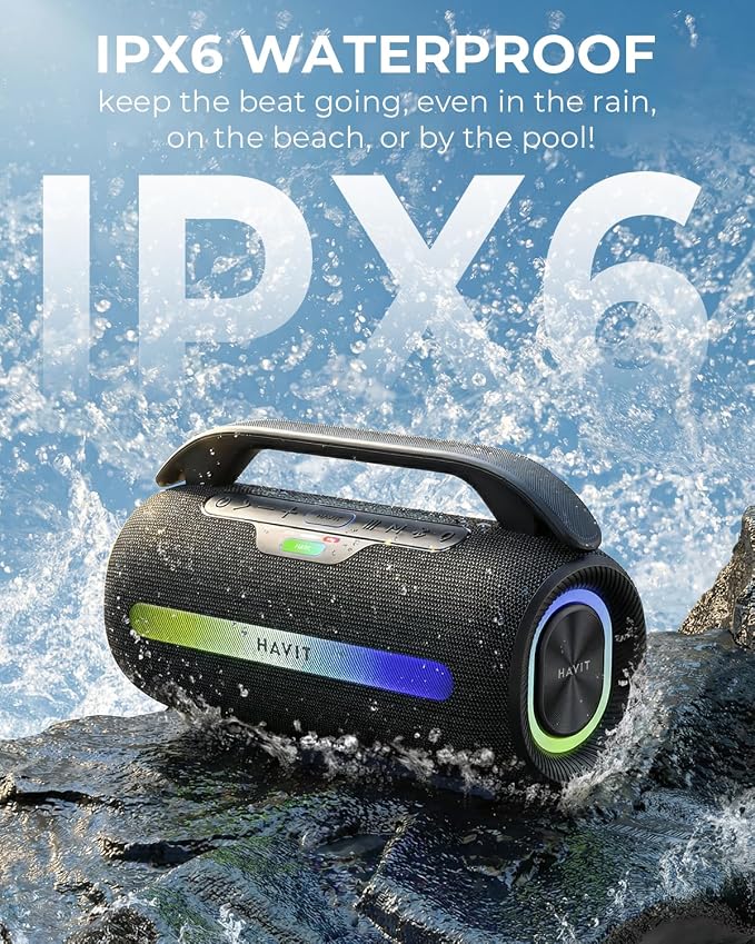 havit Outdoor Bluetooth Speaker, 120W Peak Loud Speakers with Deep Bass, Portable Wireless Speaker IPX6 Waterproof, RGB Light, 12H Playtime, TWS Stereo, EQ, for Party, Beach, Camping, Backyard, Garage - Image 3