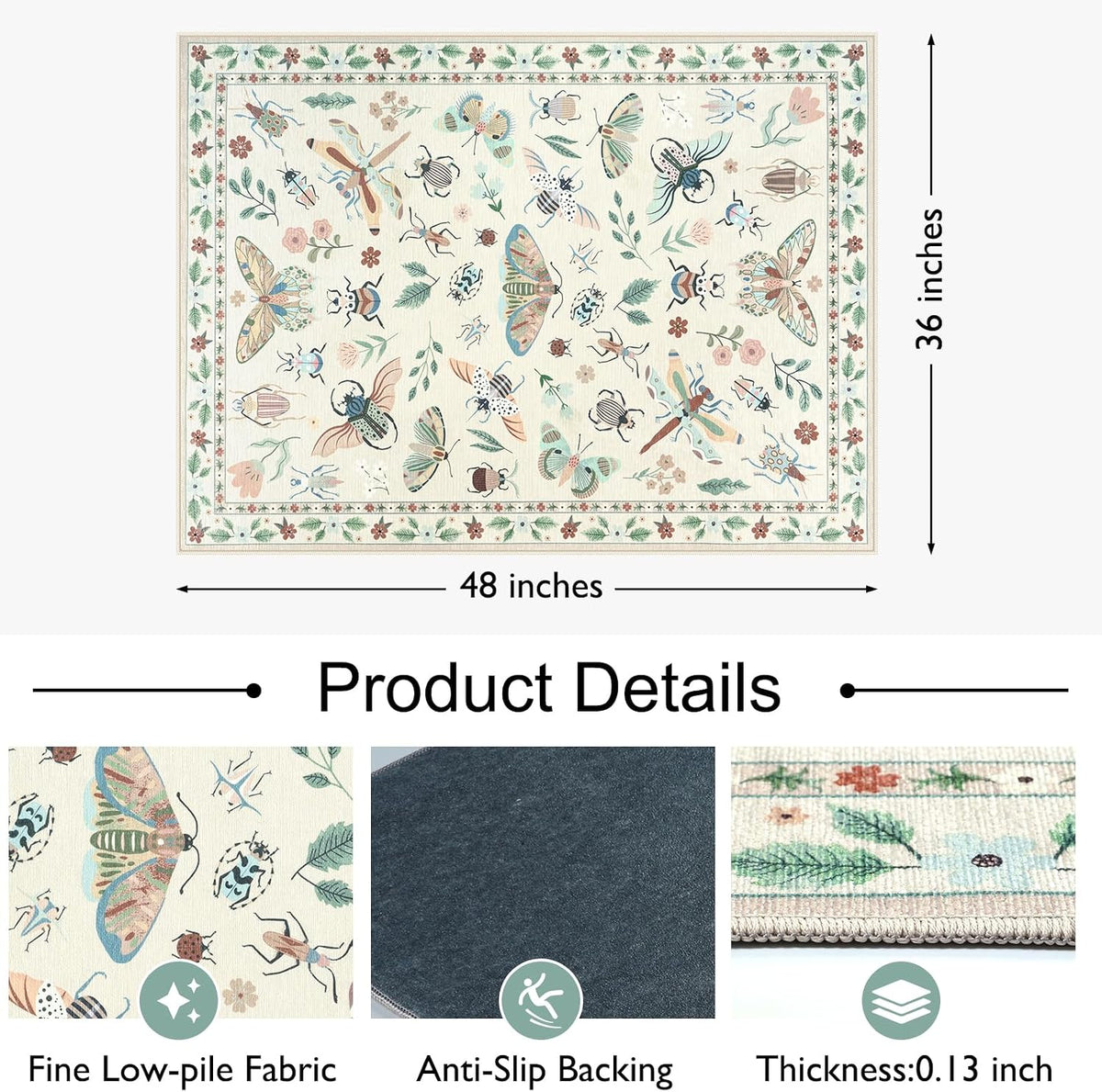36"x48" Home Office Chair Mat for Hardwood Floor, Beige Under Desk Rug for Rolling Chairs, Anti-Slip Insect Print Desk Floor Mat for Offices Chair, Low Pile Office Rugs for Rolling Chairs - Image 4