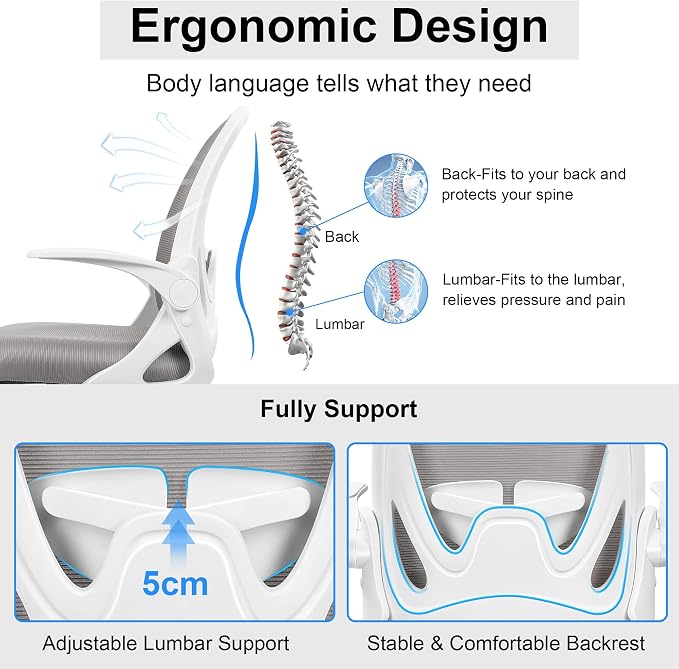 Office Chair Ergonomic Desk Chair with Adjustable Lumbar Support and Height, Swivel Breathable Desk Mesh Computer Chair with Flip up Armrests for Conference Room（Gray） - Image 4