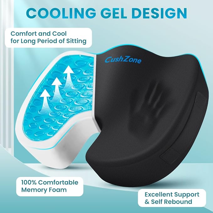 Gel Seat Cushion, Enhanced Memory Foam Cushion for Tailbone Pain, Black | Cooling Gel for Office Chair, U-shaped Design Chair Cushion for Gaming, Car, Wheelchair, Non-Slip Base, Washable Cover - Image 2