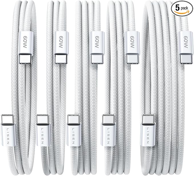 LISEN USB C Cable, 5-Pack [3.3/3.3/6.6/6.6/10FT] USBC to USBC Cable for iPhone 16e 15 Pro Max Charger Cord, 60W (3.1A) C to C Cable Fast Charging for Samsung S25/S24/23, Switch 2, iPad, MacBook,White by Lisen