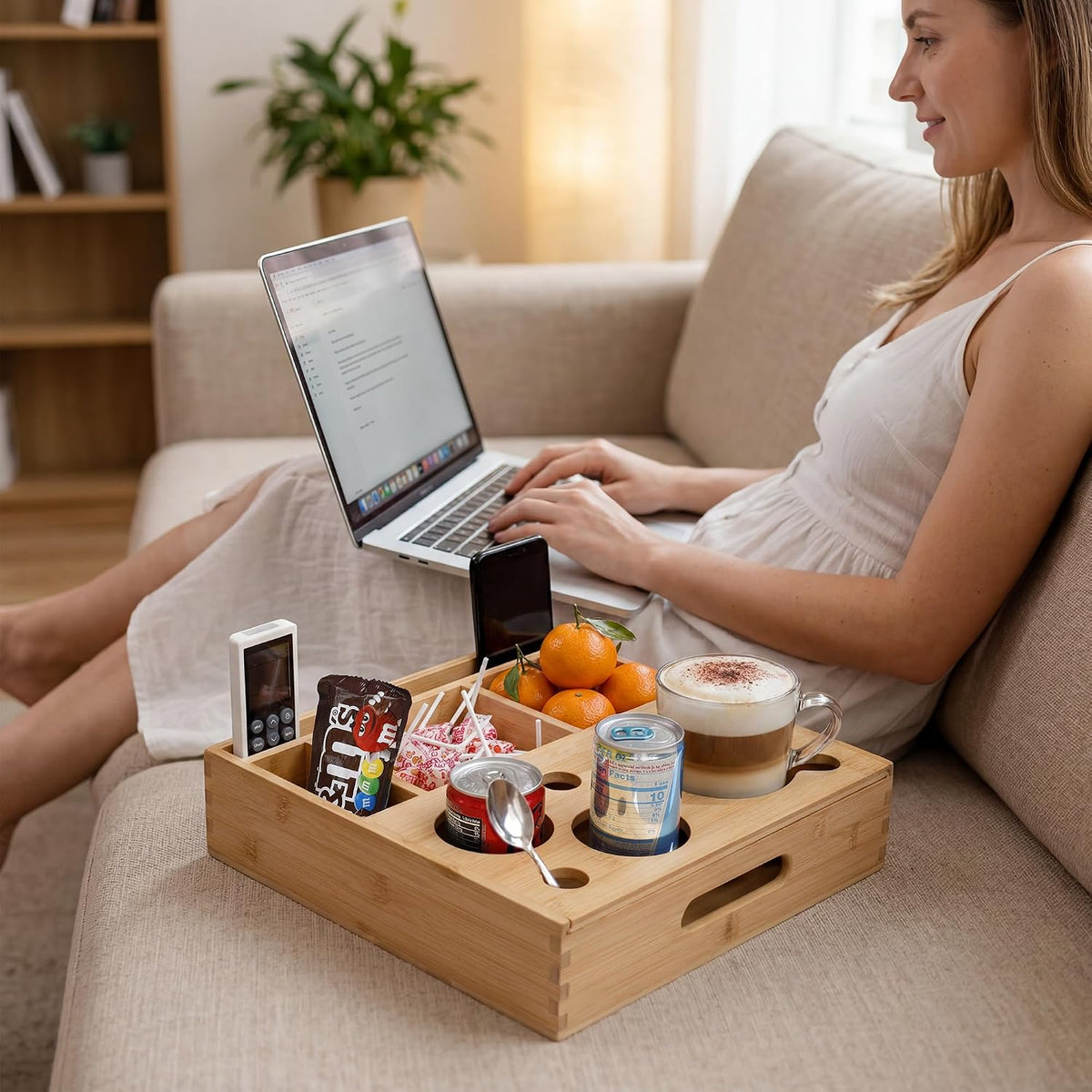 Couch Arm Caddy – Magnetic Removable Tray with 2 Can Holders & Mug Slot – Lifts Off to Reveal Deep Storage Bin – Sofa Armrest Organizer for Remotes, Phone & Snacks - Image 7