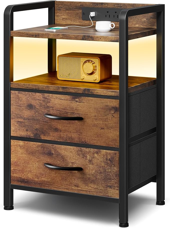 Lazzanto Nightstand with Rear Charging Station, LED Light, 2 Drawers, Brown | Industrial Nightstand, 2 USB-A Ports & AC Outlets, Raised Back Guard, Fabric Storage Drawers, Bedside Table for Bedroom, Dorm by Lazzanto