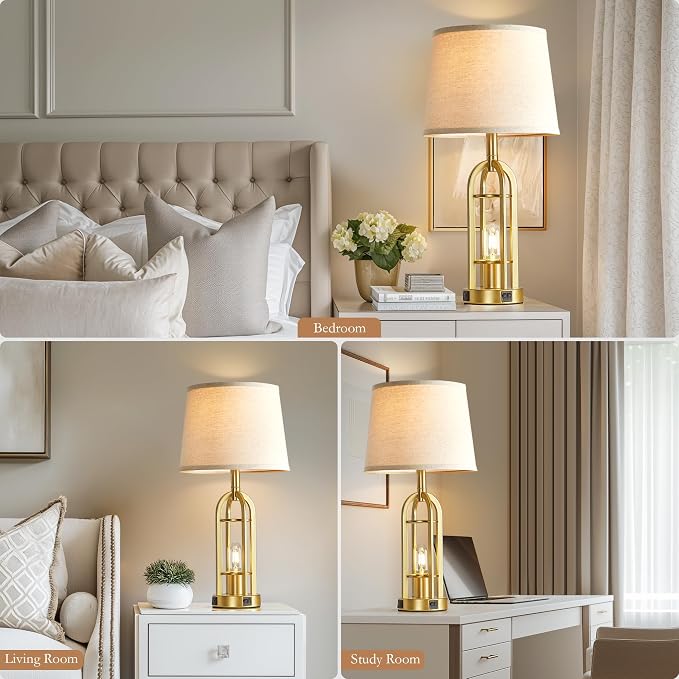 SRJJA Gold Table Lamps for Living Room Set of 2 - Modern Farmhouse Bedside Lamps for Bedroom Night Stands with Nightlight and USB A+C, Industrial Lamp for Living Room End Tables - Image 7