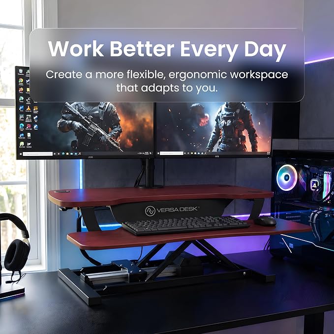 PowerPro 40 Inch Electric Standing Desk Converter – Push-Button Height Adjustable Sit to Stand Desk Riser for Triple Monitors & Laptop – Motorized Desktop Workstation with Wide Keyboard Tray - Image 6