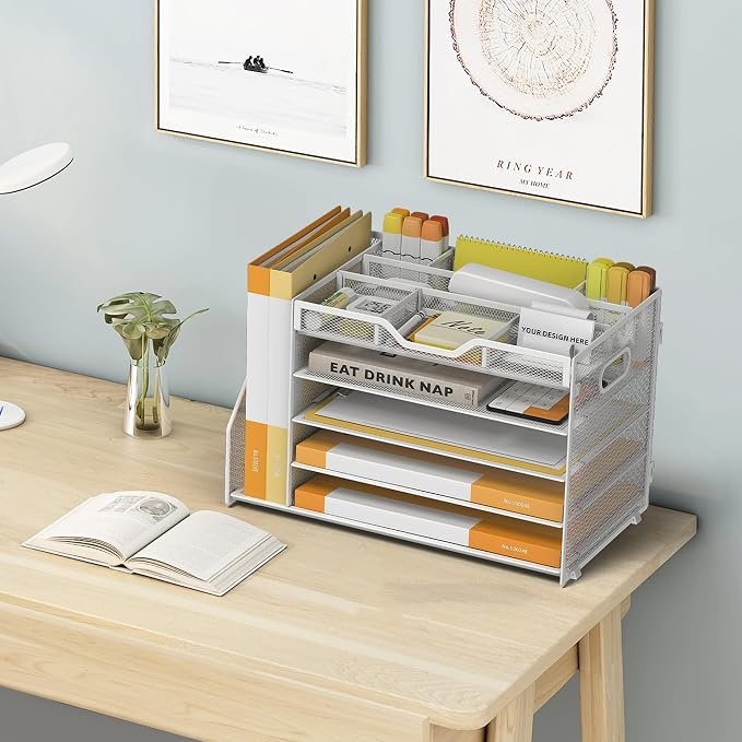 5 Tier Paper Letter Tray Desk Organizer with Pen Holders - White | Features 3 pen holders and 4 removable dividers.Versatile mesh desktop storage for mail, document,office supplie - Image 6