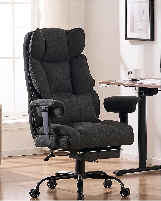 Efomao Fabric Office Chair, Big and Tall Office Chair 400 lb Weight Capacity, High Back Executive Office Chair with Foot Rest, Ergonomic Office Chair for Back Pain Relief, Dark Grey | 400lbs support, 135° recline, dual-layer foam cushion, 23.5" seat & ... by OFFICECHAIR