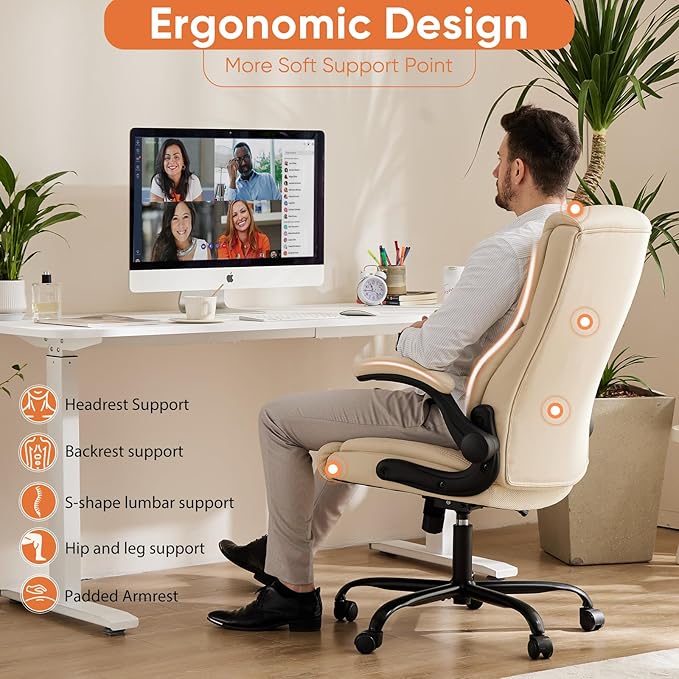 Sweetcrispy Home Office Desk Chairs, High Back PU Leather Chair | Heavy Duty, High Back, Flip-up Armrest, PU Leather, Height Adjustable, Rolling Wheels, Beige - Image 6