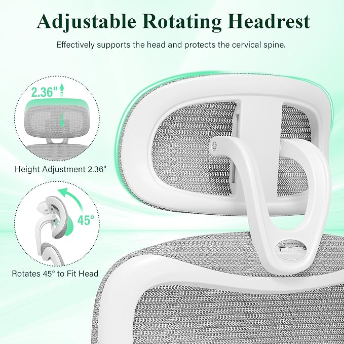 SUNNOW Ergonomic Office Chair, Comfy Mesh Desk Chair, High Back Computer Gaming Chairs with Adjustable Lumbar Support, Flip-Up Arms, Headrest, Tilt Function, Wide Cushion, Swivel Rolling Wheel (Grey) - Image 9