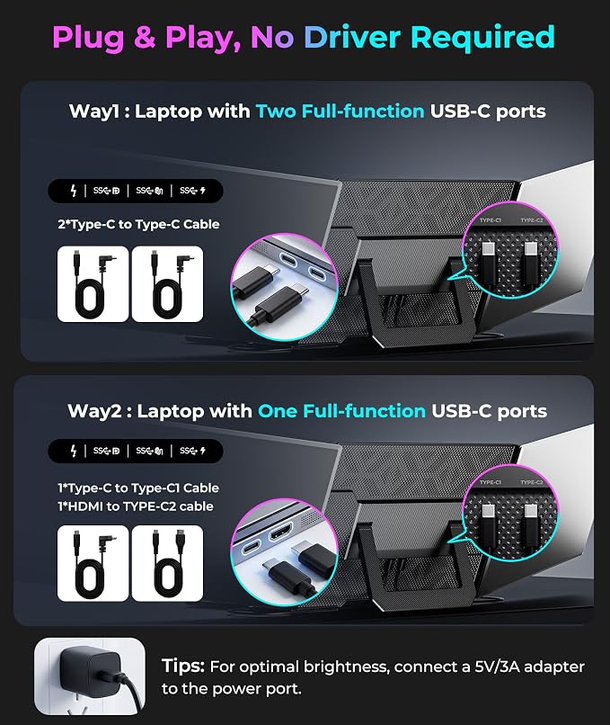 16" Laptop Screen Extender, 1200P FHD Ultra-Slim Triple Portable Monitor | Plug & Play with HDMI/Type-C, for Laptop 13"-17.3", Travel Dual Monitor Compatible with Win/Mac/Android (No Driver Required) - Image 7