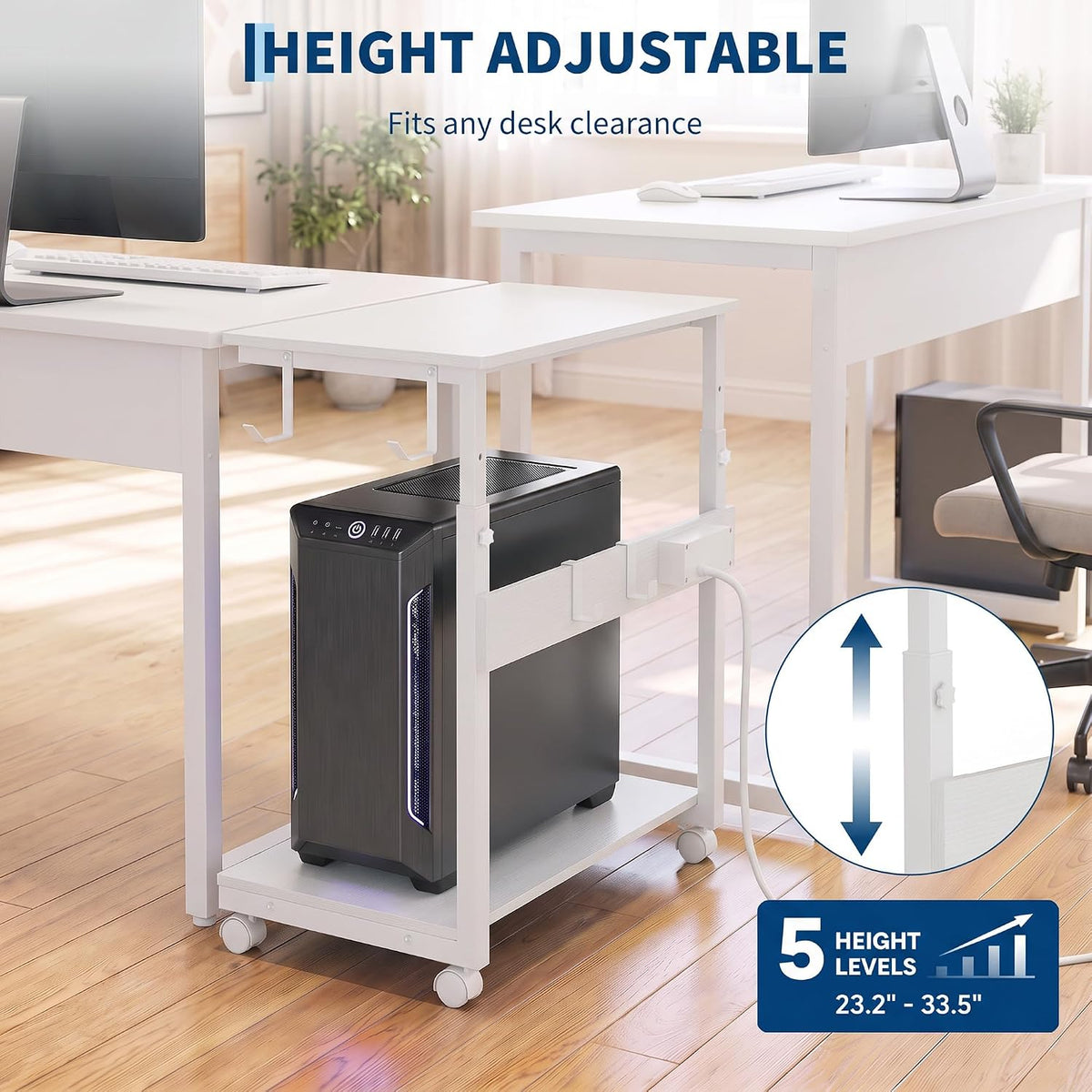 Rolling PC Tower Stand, Height Adjustable, White - Image 3
