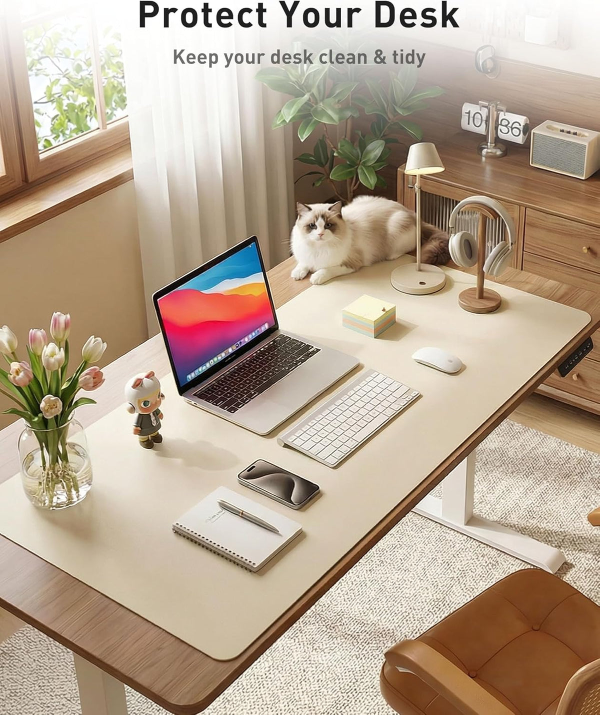Aothia Faux Leather Desk Mat - Large Mouse Pad, Non-Slip PU Leather Blotter, Waterproof Writing Surface for Office and Home (Beige, 63" x 24") - Image 8